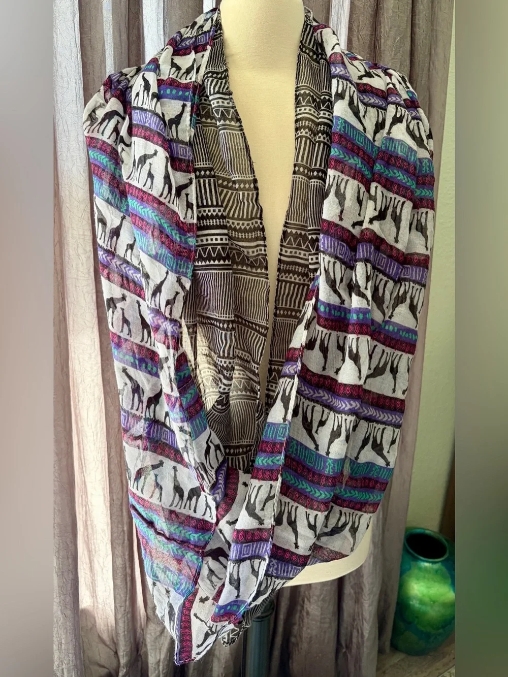 Infinity Scarves Lot of 2 Teal Magenta giraffe Print, Blk Wht Tribal Pattern